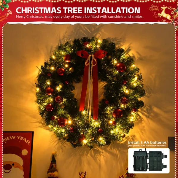 36in Pre-lit Battery Powered Christmas Wreath, Lighted Artificial Xmas Wreath With 80 Warm Lights And 270 PVC Tips - view 3