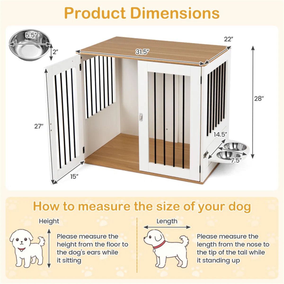 Furniture Style Dog Crate with 360° Rotating Feeder & 304 Stainless Steel Bowls, Double Locking Indoor Dog Kennel - view 9