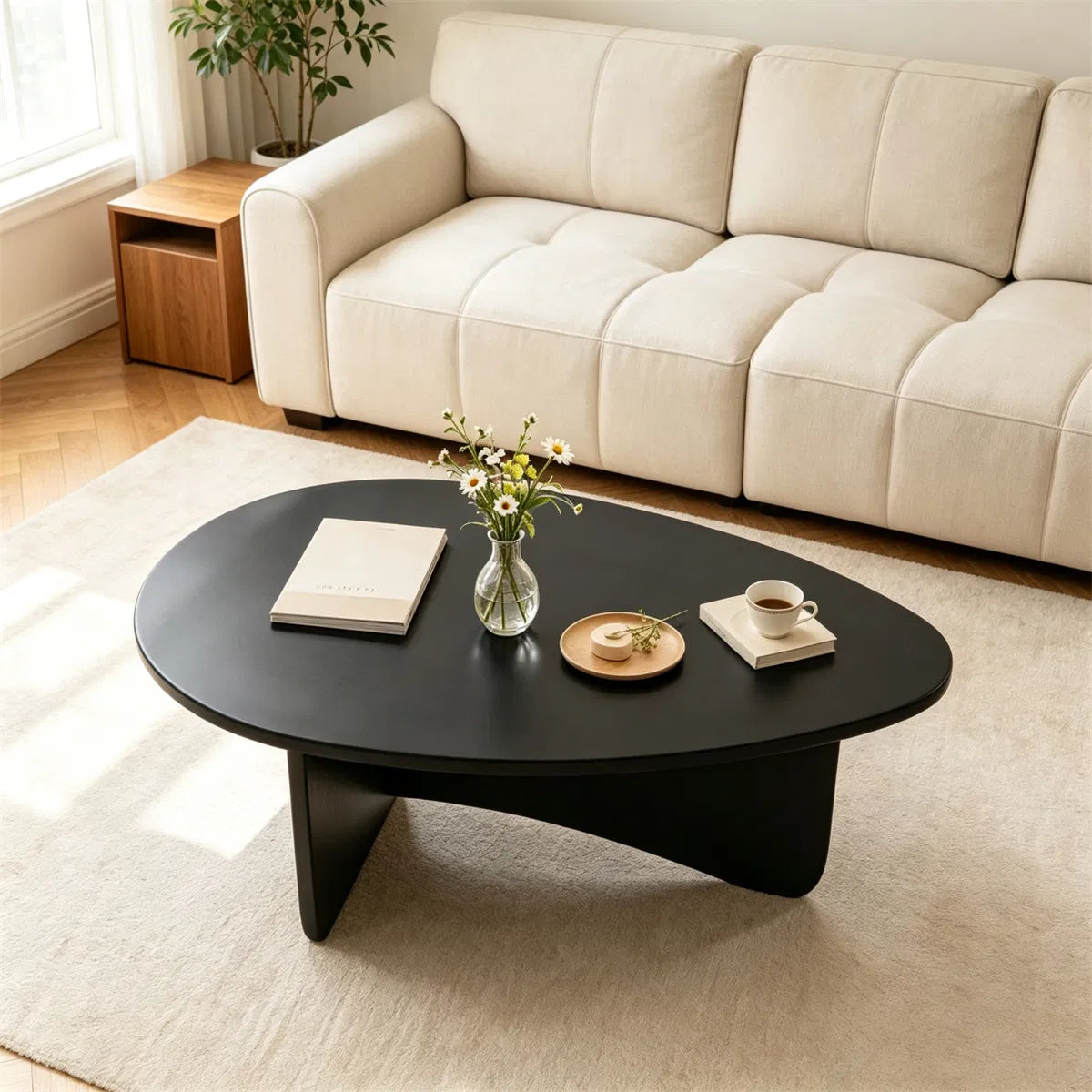 Oval Modern Coffee Table, Engineered Wood Low Accent Table with TShaped Arched Base - view 8