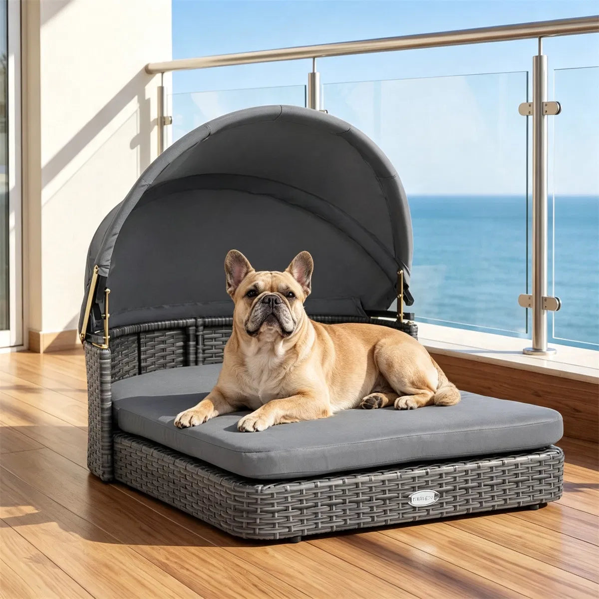 Gray Hand-Woven PE Rattan Dog Bed with Adjustable Canopy, Elevated Outdoor Pet Daybed with Washable Plush Cushion - view 10