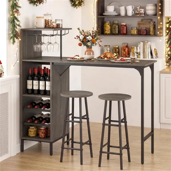 3PCS Bar Table & Stools Set, Wine Storage (6 Bottles + Wine Glass Holder), Oak - view 2