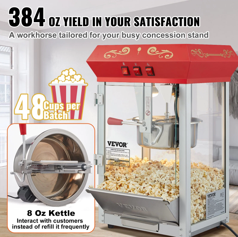 Popcorn Popper Machine 8 Oz Countertop Popcorn Maker 850W 48 Cups Red - view 5