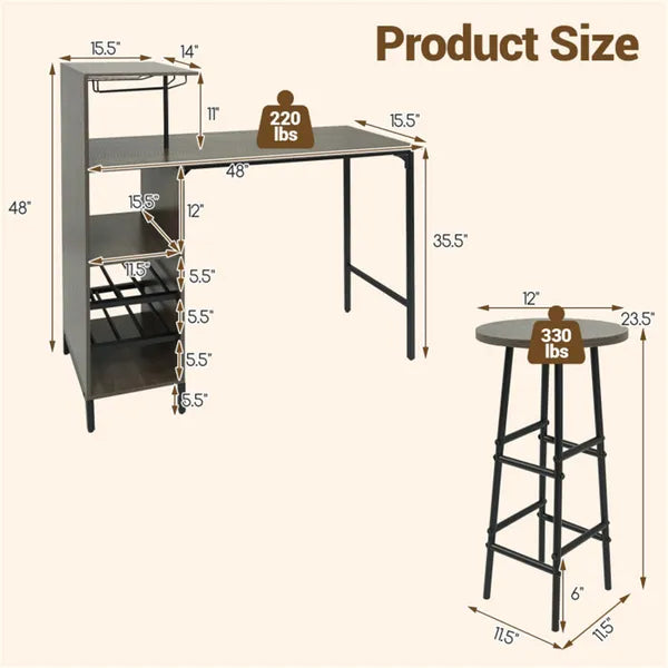 3PCS Bar Table & Stools Set, Wine Storage (6 Bottles + Wine Glass Holder), Oak - view 5
