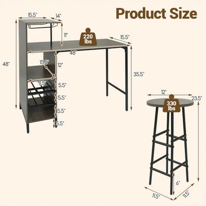 3PCS Bar Table & Stools Set, Wine Storage (6 Bottles + Wine Glass Holder), Oak - view 5