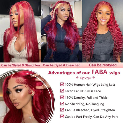 13x6 Lace Front Human Hair Wig Burgundy Red Body Wave, Density, 22 Inches - view 3