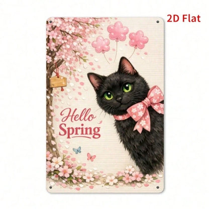 Hello Spring Cherry Blossom Black Cat Metal Plaque, Vintage 2D Flat Print Wall Art - view 5