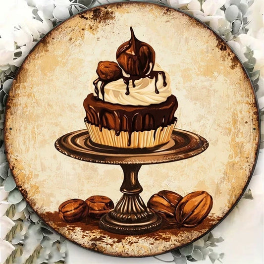 1pc 8x8in Vintage Chocolate Cake Round Sign, "D" Flat Bean, Decorative Plaque For Cafe Kitchen Restaurant Wall Decor