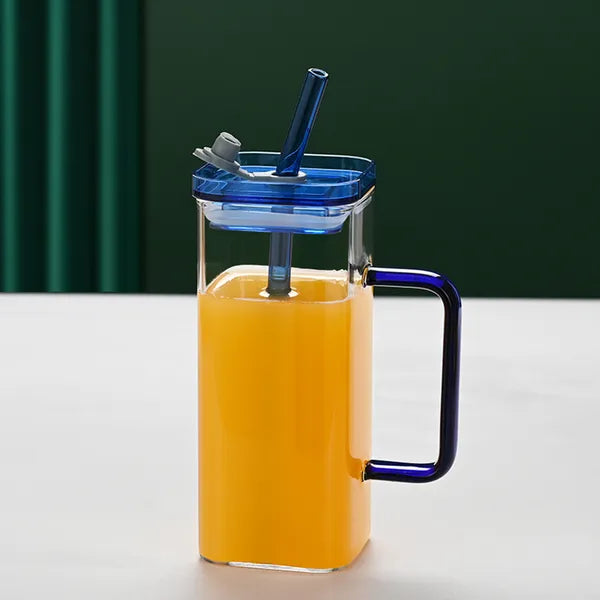 1 Pcs Blue Glass Straw Cup, 6 Colors Square Glass Cup With Straw And Lid, High Borosilicate Glass Cup, Milk Cup