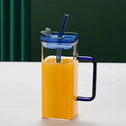 1 Pcs Blue Glass Straw Cup, 6 Colors Square Glass Cup With Straw And Lid, High Borosilicate Glass Cup, Milk Cup
