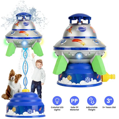 UFO Water Sprinkler Outdoor Summer Rocket Toy With Colorful LED Lights 360° Spinning 1.64FT To 6.56FT Adjustable Height