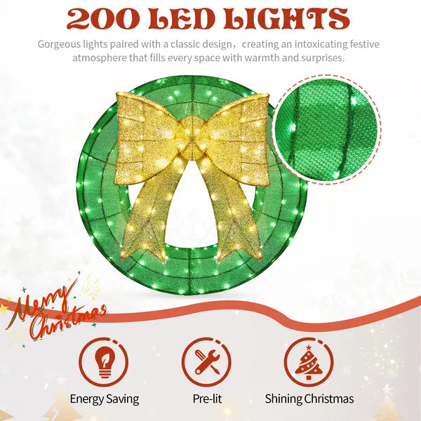 24in Pre-lit Outdoor Christmas Wreath Decoration, Lighted Metal Wreath With Golden Bow, Green And Warm White LED Lights
