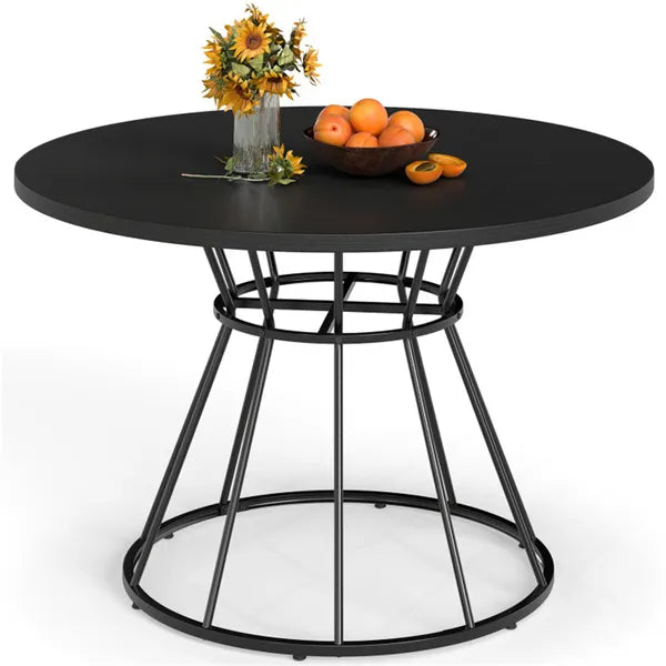 Black 47" Round Dining Table, Family-Sized For 4-6 People, Hourglass Metal Base & Curved Tabletop