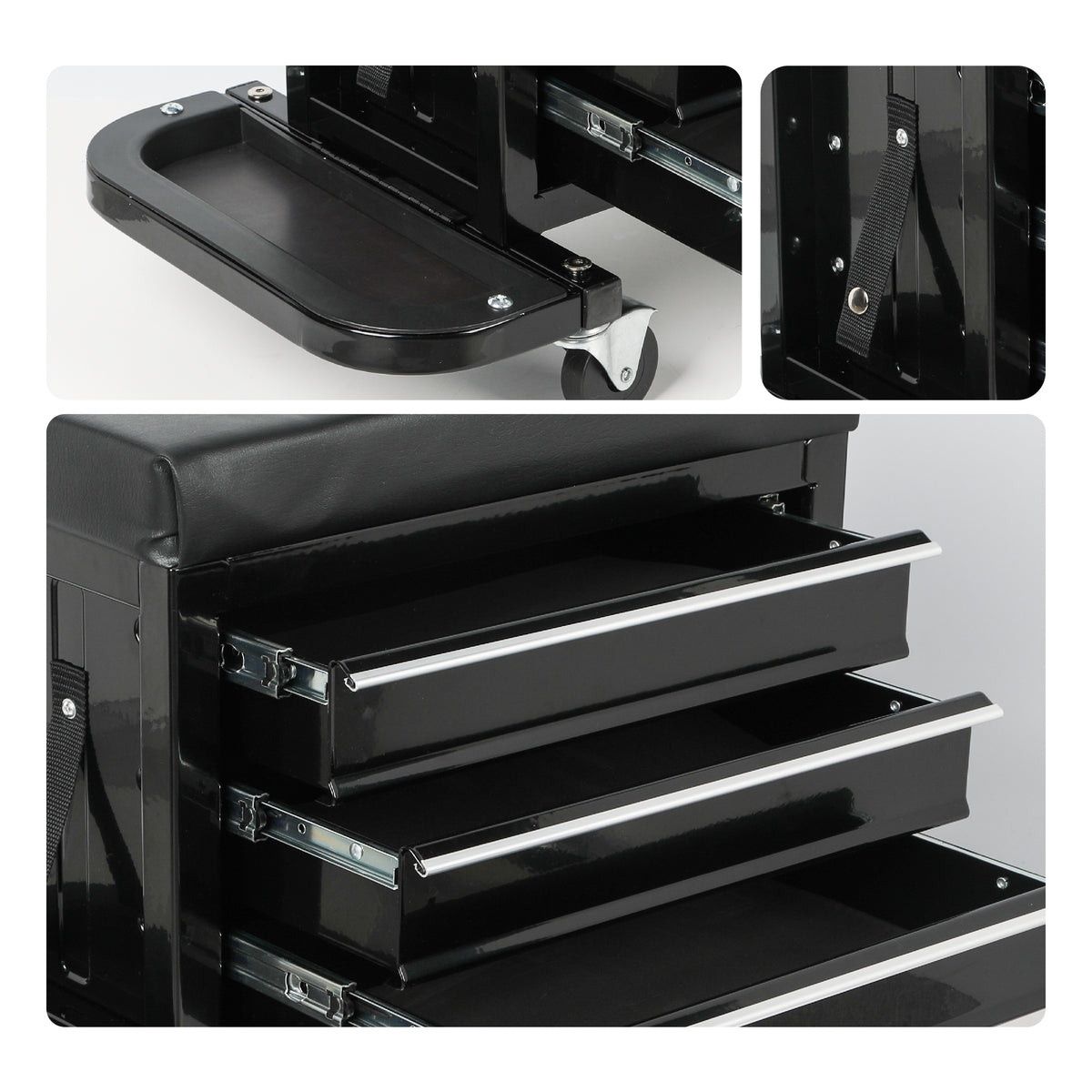 3-Drawer Tool Chest Rolling Mechanic Seat With Tool Trays,350lbs Max Weight Capacity,Black - view 5