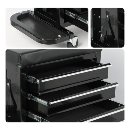 3-Drawer Tool Chest Rolling Mechanic Seat With Tool Trays,350lbs Max Weight Capacity,Black - view 5