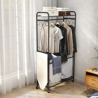 Multi-Functional Laundry Hamper Organizer With Hanging Rail And Storage Shelf Rolling Laundry Cart With Wheels - view 3