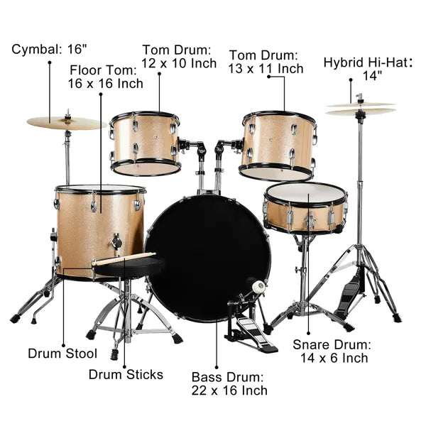 Full Size AdultDrum Set 5-Piece Champagne With Bass Drum, Two Tom Drum, Snare Drum, Floor Tom, Stool, Drum Pedal, Sticks - view 4