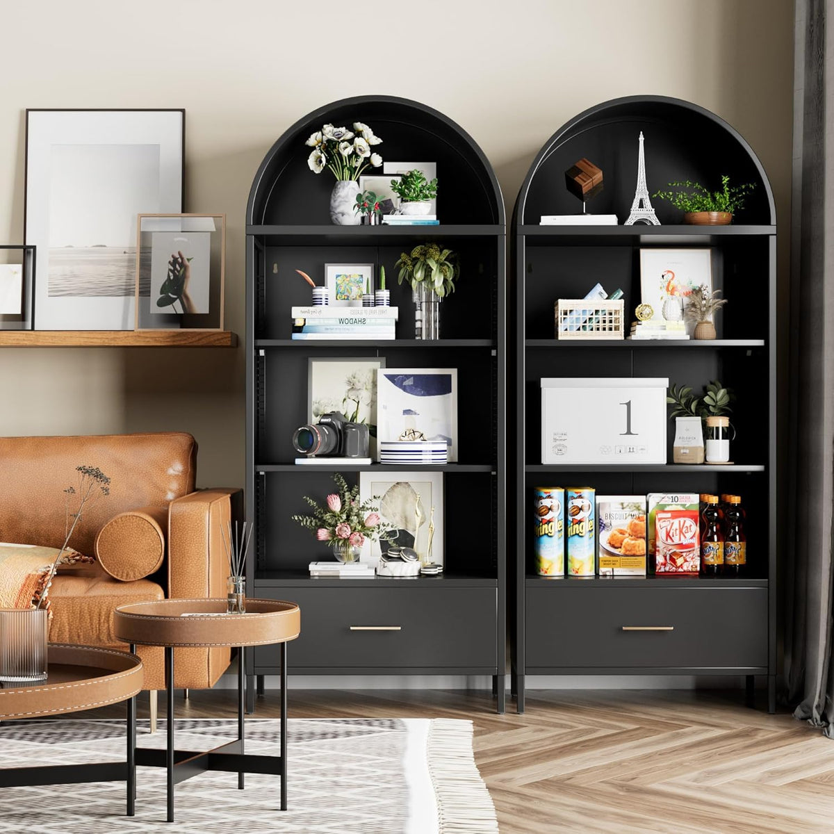 Metal Arched Bookshelf, Accent Arch Kitchen Pantry Cabinet With Drawer For Home Office Bar Living Room Farmhouse Black - view 2