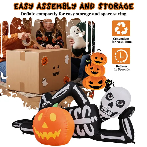 7ft Inflatable Halloween Decor With Lying Skeleton, 7 Built-in LED Lights, Black & White, 12V 1250mA US Power Adapter - view 5