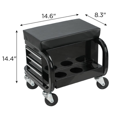 Rolling Creeper Garage Shop Seat With Three Built-in Drawers, Rolling Tool Chest,Black - view 5
