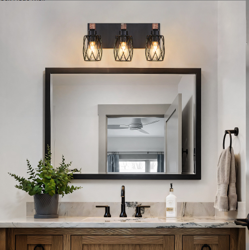 18inch Industrial Vintage 3-Light Wall Sconce - Black Cage Wall Lighting Fixture With Wooden Accents For Bathroom - view 4