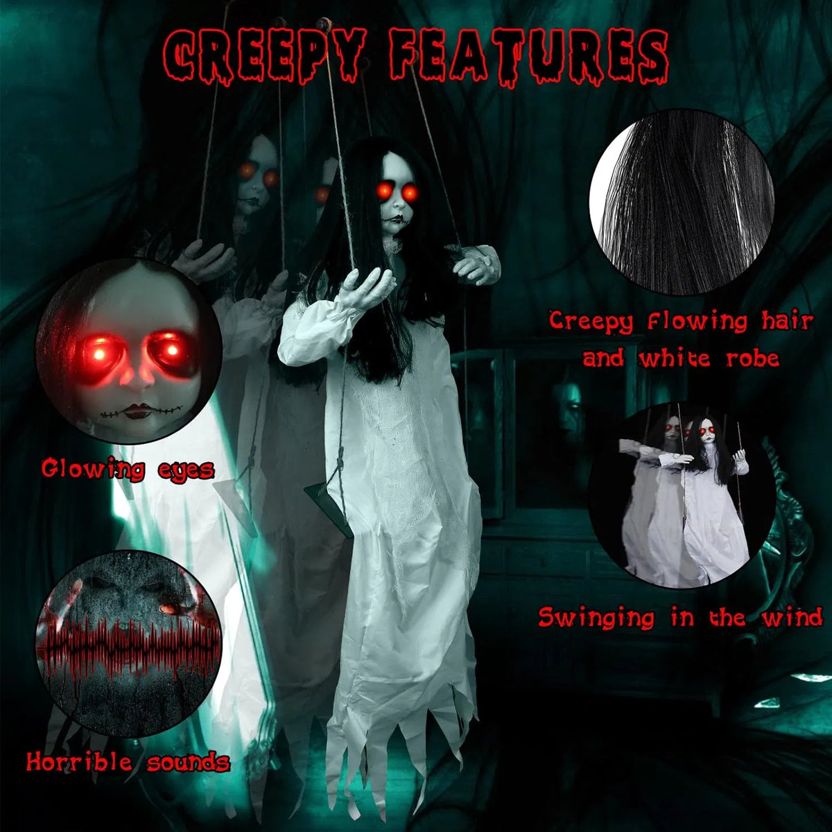 Scary Halloween Decorations Outdoor, Halloween Hanging Swinging Doll Girl with Sound & Slap Activated - view 4