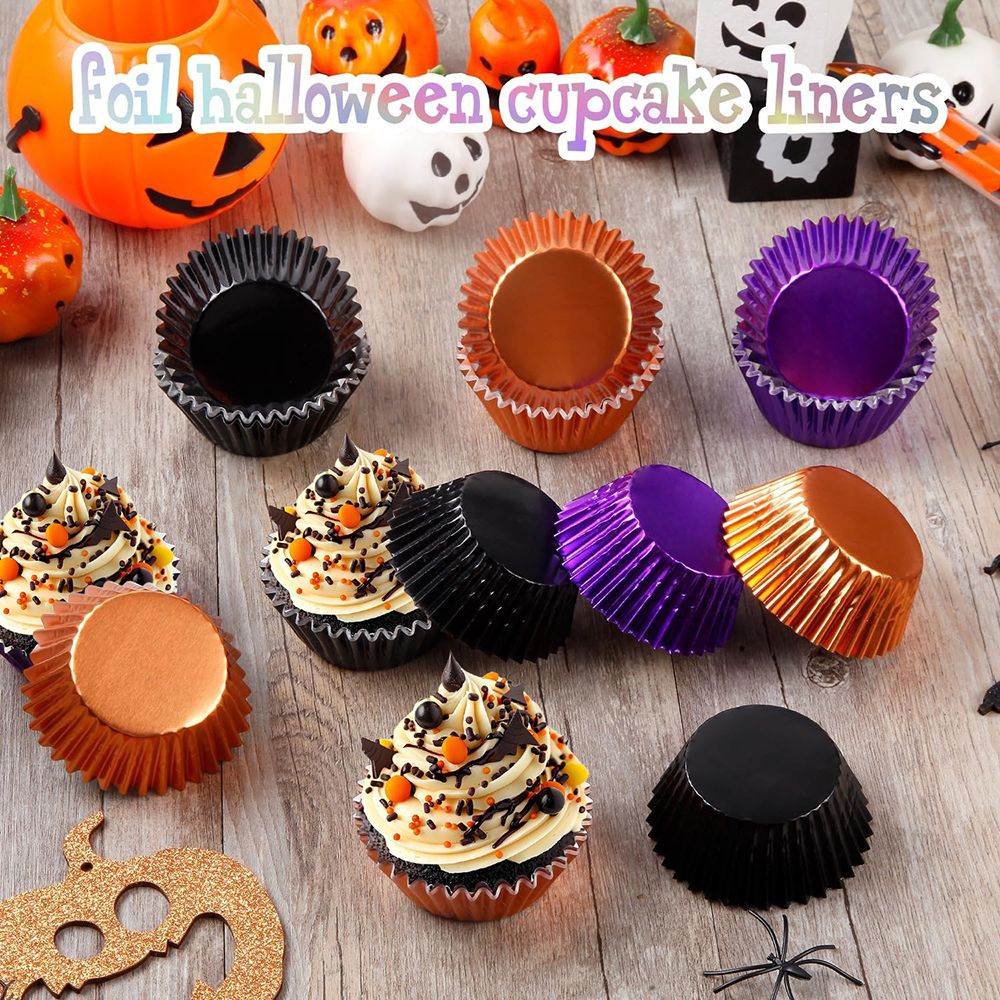300 Pcs Halloween Foil Cupcake Liners Black Purple Orange Foil Metallic Cupcake Wrappers Halloween Party Standard - view 8