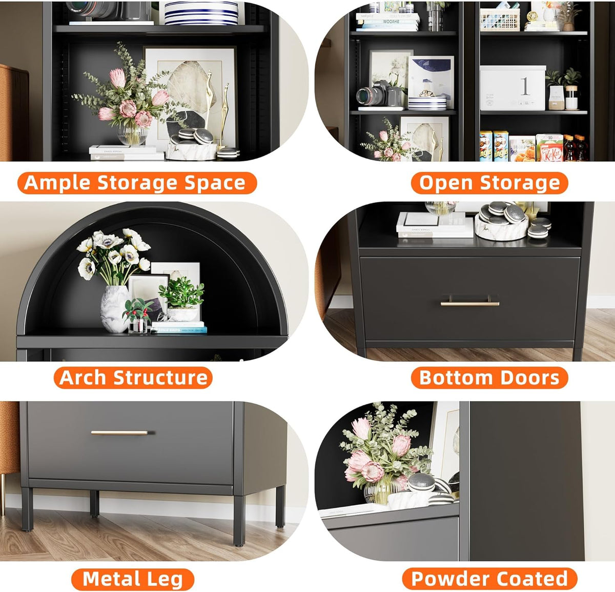 Metal Arched Bookshelf, Accent Arch Kitchen Pantry Cabinet With Drawer For Home Office Bar Living Room Farmhouse Black - view 5