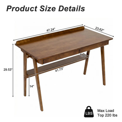Solid Wood Writing Desk, Home Office Desk for Small Spaces, Mid Century Modern Desks with 2 Drawers & Storage Shelf - view 9