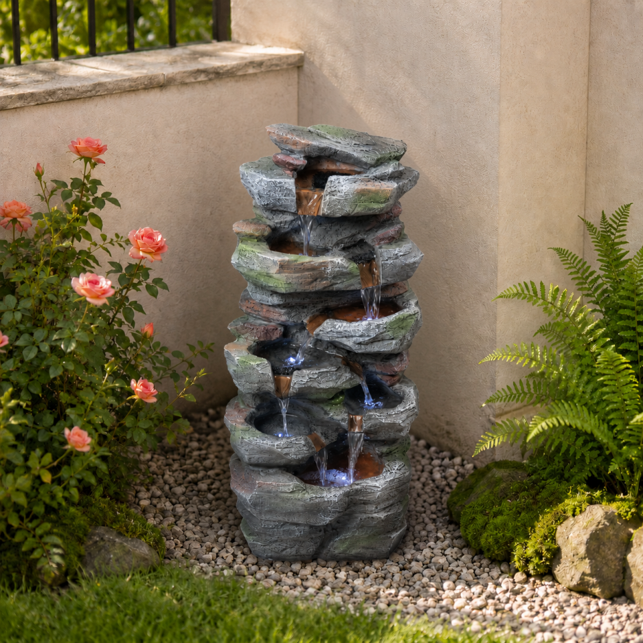 Rock Waterfall Outdoor Fountain With LED Lights Stone Garden Fountains Outdoor For Patio Lawn Cascading Tiered Outdoor - view 2