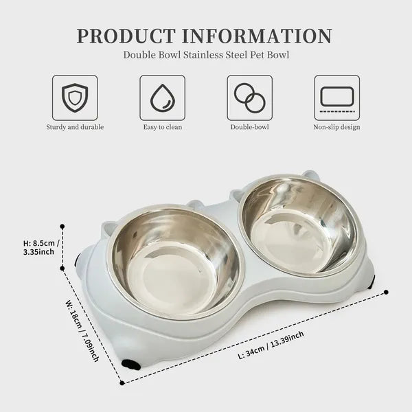 Anti Slip Base Double Cat Food Bowl, Gray Stainless Steel Food And Water Bowl, Easy To Clean And Detachable Design