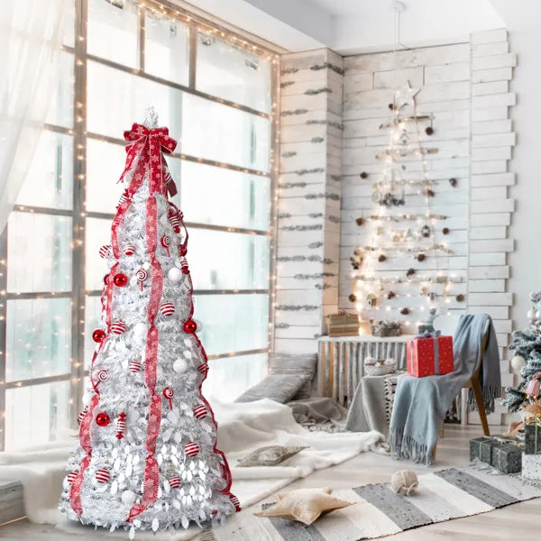 6 FT Fully Decorated Pre-lit Christmas Tree, Pop Up Artificial Xmas Tree With 100 Warm Lights And Red Ornaments - view 6