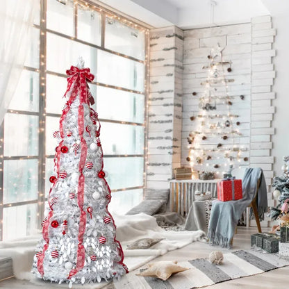 6 FT Fully Decorated Pre-lit Christmas Tree, Pop Up Artificial Xmas Tree With 100 Warm Lights And Red Ornaments - view 6