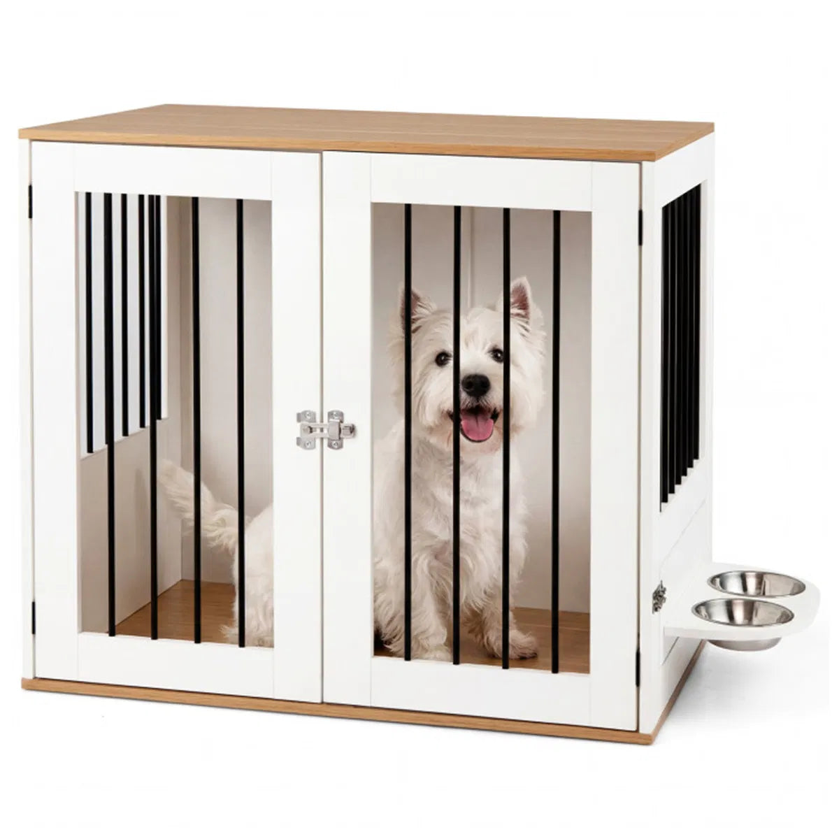 Furniture Style Dog Crate with 360° Rotating Feeder & 304 Stainless Steel Bowls, Double Locking Indoor Dog Kennel - view 3