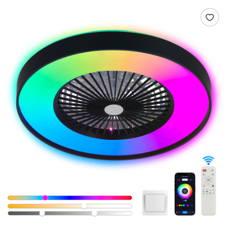 23 Inch Black Ceiling Fan Light With LED RGB Dimmable & Color Changing, APP & Remote Control