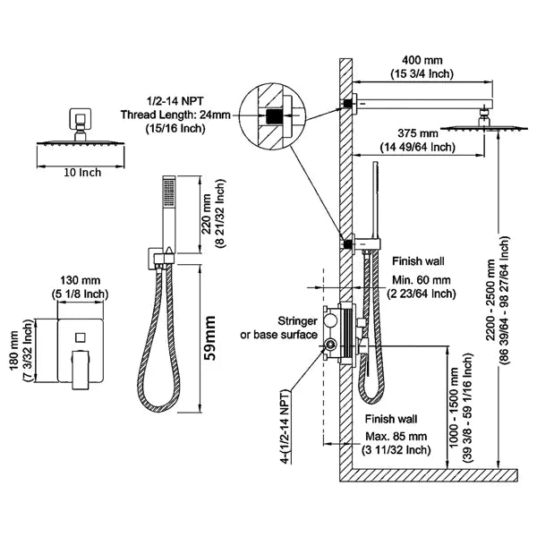 Shower System Shower Faucet Combo Set Wall Mounted with 10" Rainfall Shower Head and handheld shower faucet - view 2