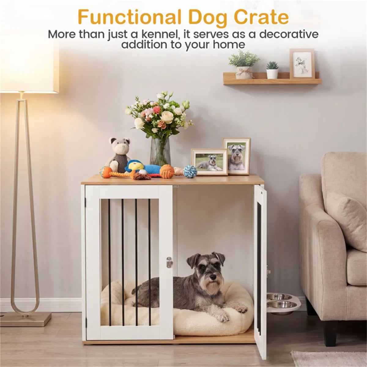 Furniture Style Dog Crate with 360° Rotating Feeder & 304 Stainless Steel Bowls, Double Locking Indoor Dog Kennel - view 6