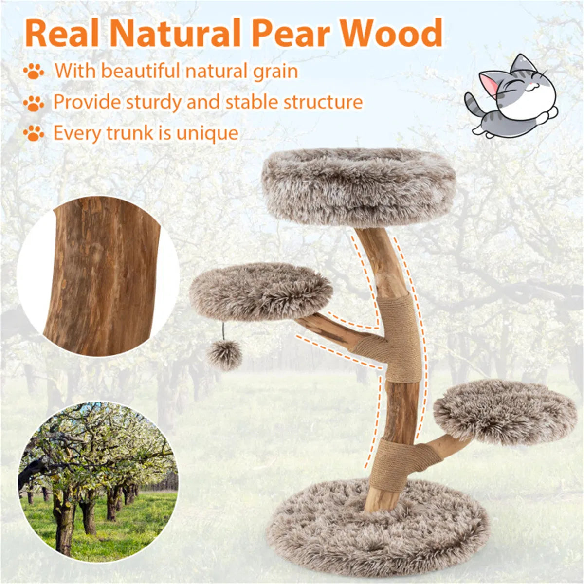 4-Level Natural Pear Wood Cat Tree - 19.5" x35.5", Jute Scratch Posts + Plush Ball, Long Plush - view 10