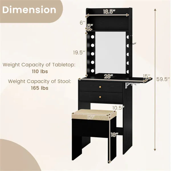 3-Color LED Lighted Vanity Desk with Charging Station - Foldable Makeup Table & Cushioned Stool Set - view 4