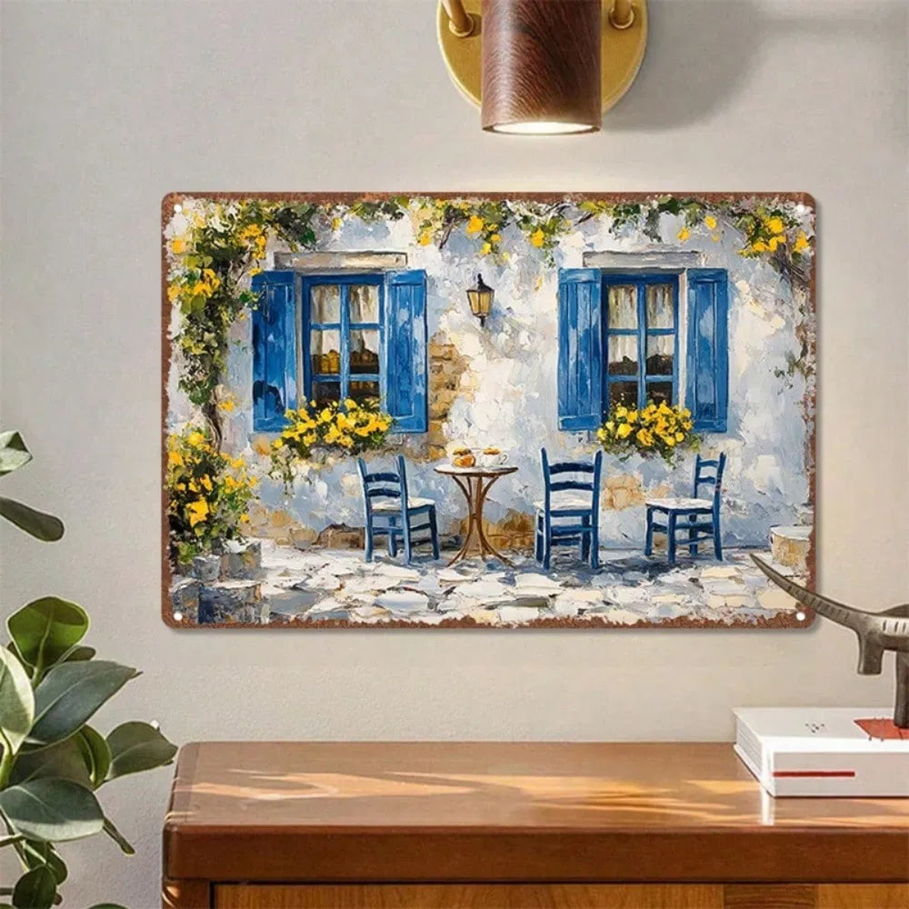 Vintage Greek Caf | Blue Door Floral Metal Tin Sign Heavy-Duty Waterproof Rustproof Iron Poster 11.81x7.87Inch Retro - view 6