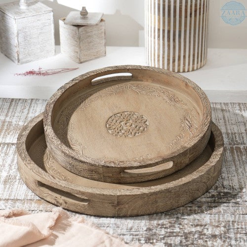 Round Mango Wood Serving Tray Rustic Brown Design For Stylish Entertaining