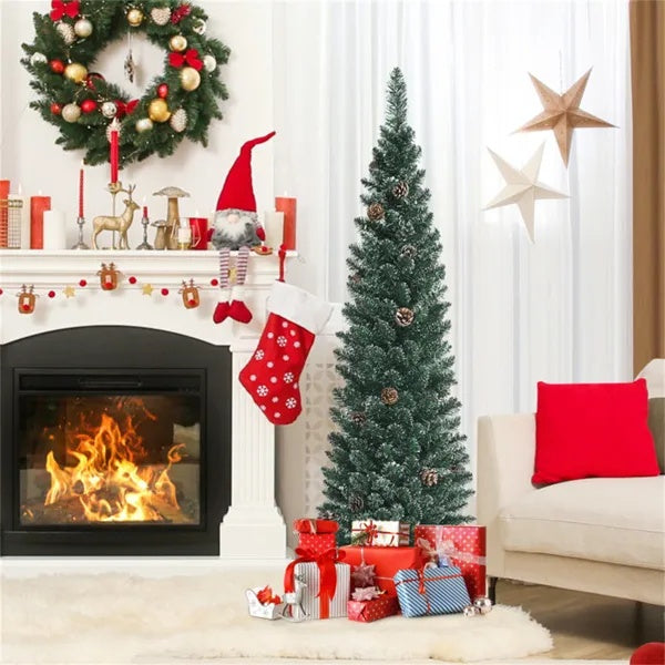 5FT Green Artificial Christmas Tree - 214 Lush Tips, 25 Realistic Pine Cones, Foldable Metal Stand