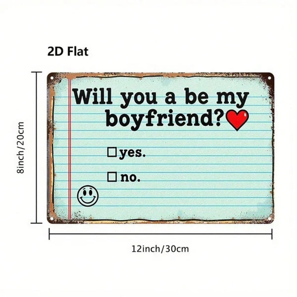 1pc Will You Be My Boyfriend Metal Sign, 2D Flat Tin Plaque Sticky Note Style - view 2