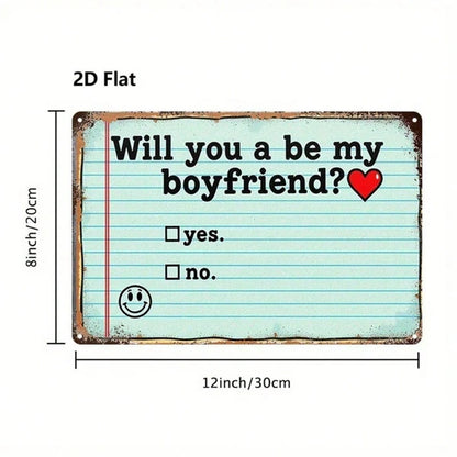 1pc Will You Be My Boyfriend Metal Sign, 2D Flat Tin Plaque Sticky Note Style - view 2