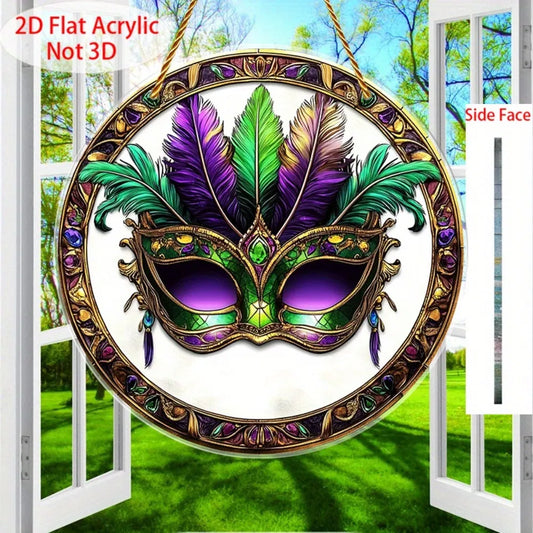 Vintage Carnival Mask Suncatcher Wall Decor Round Acrylic Hanging with Golden Accents