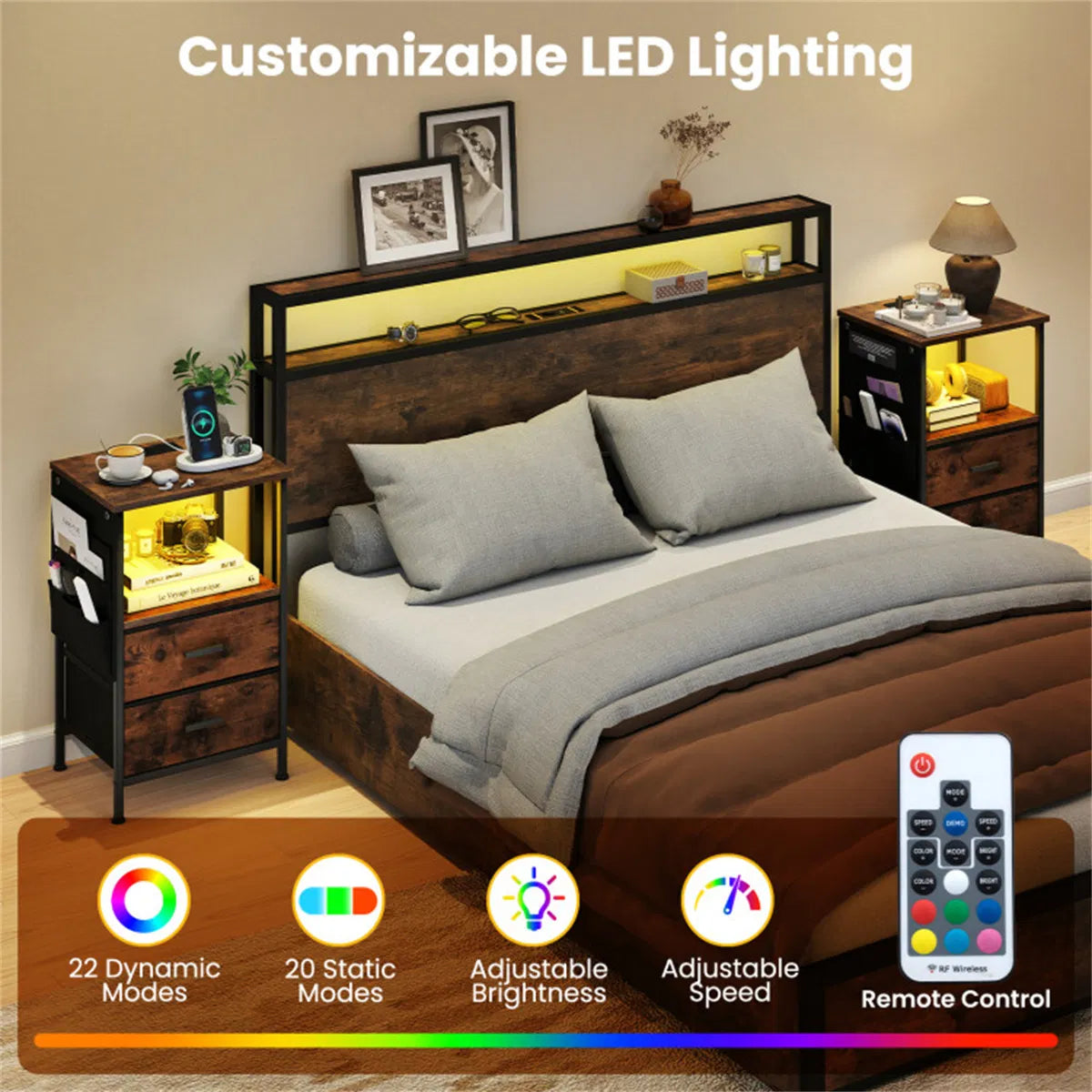 2pcs Nightstand with LED Lights & Charging Station, 2 Folding Fabric Drawers - view 2