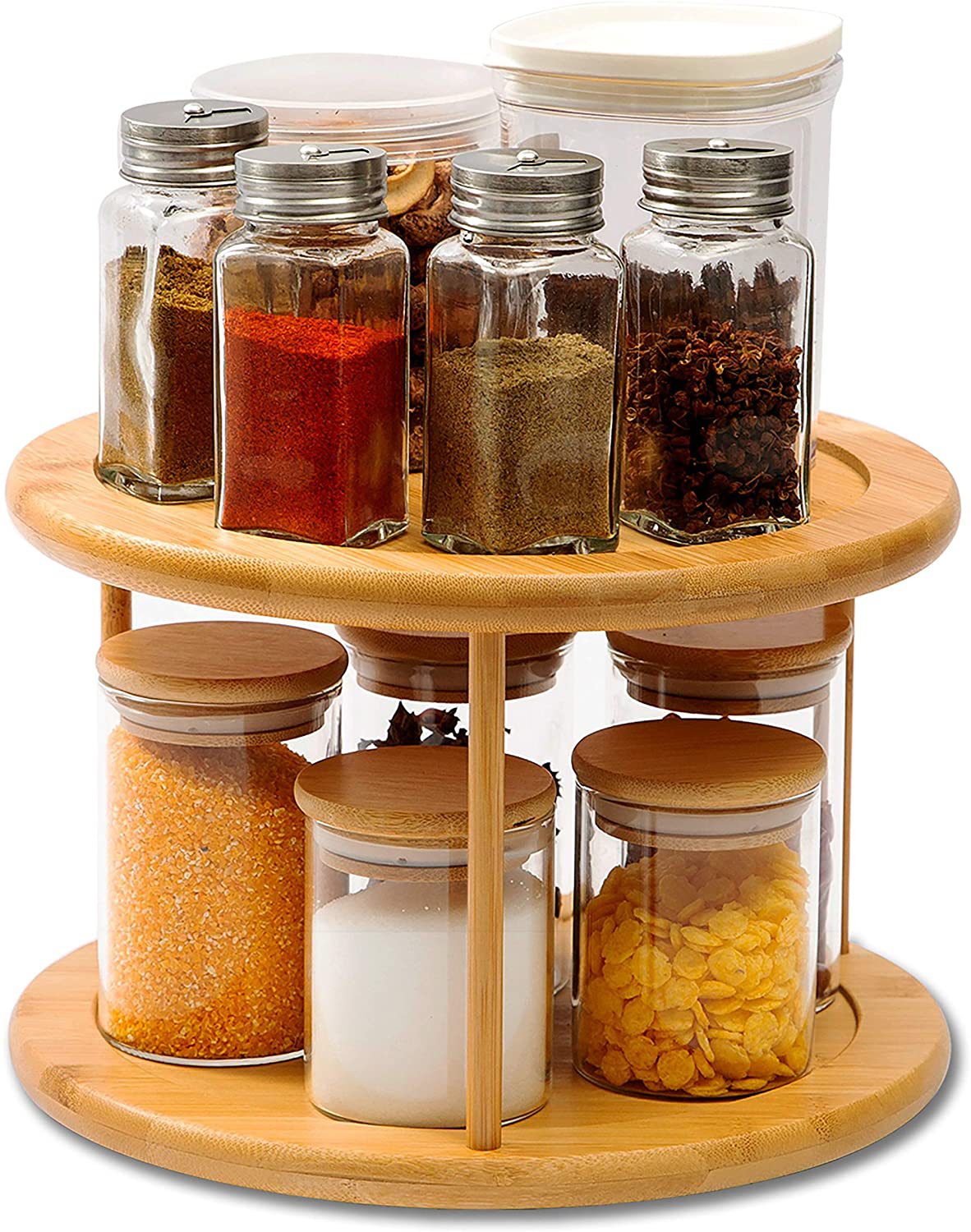 Round Bamboo Turntable Cabinet Organizer 2 Tier Spice Rack - view 5