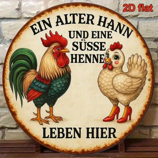 1pc 8x8 Inch Round French Aluminum Sign, Vintage Rooster & Cute Hen Farm Animal Decorative Plaque - view 2