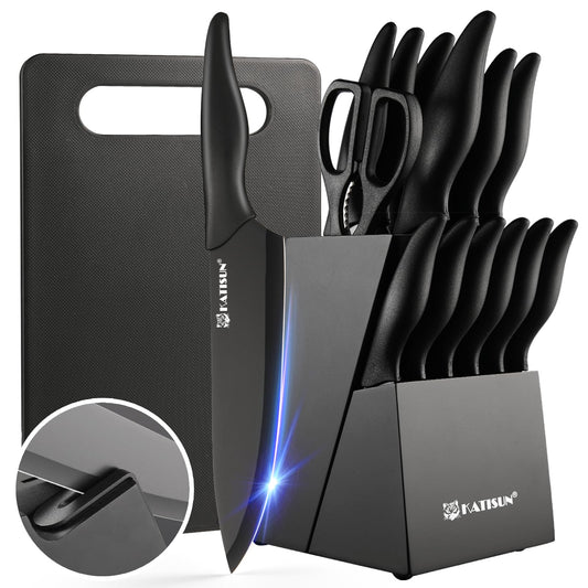 16 Pieces Kitchen Knife Block Set With Cutting Board, German Stainless Steel Knife Set With Sharpener, Dishwasher Safe