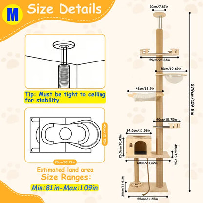 Floor To Ceiling Cat Tree, 6 Level Adjustable Height Climbing Tower With Thickened Scratching Posts - view 5