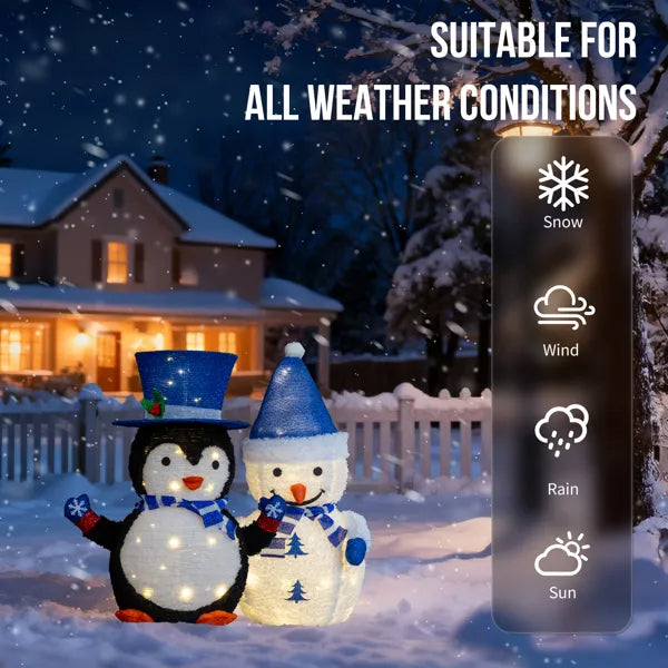 Set Of 2 Lighted Plush Penguin And Snowman Christmas Decorations, Pre-lit Pull Up Holiday Decor With 100 Warm White LED - view 4